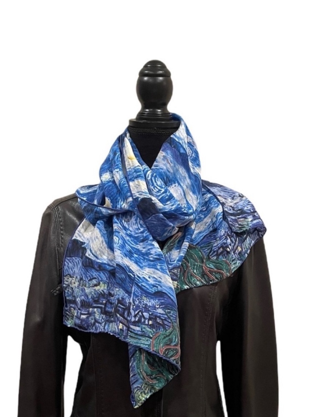 100% silk hand painted watercolor scenery blue green scarf head wrap neck scarf